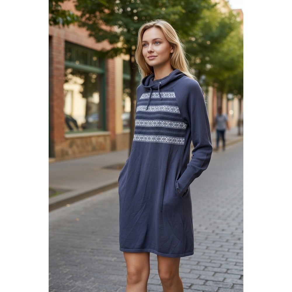 Akini Long Knit Fair Isle Hooded Sweater Dress Size S Yoga Bohemian Gray Cotton